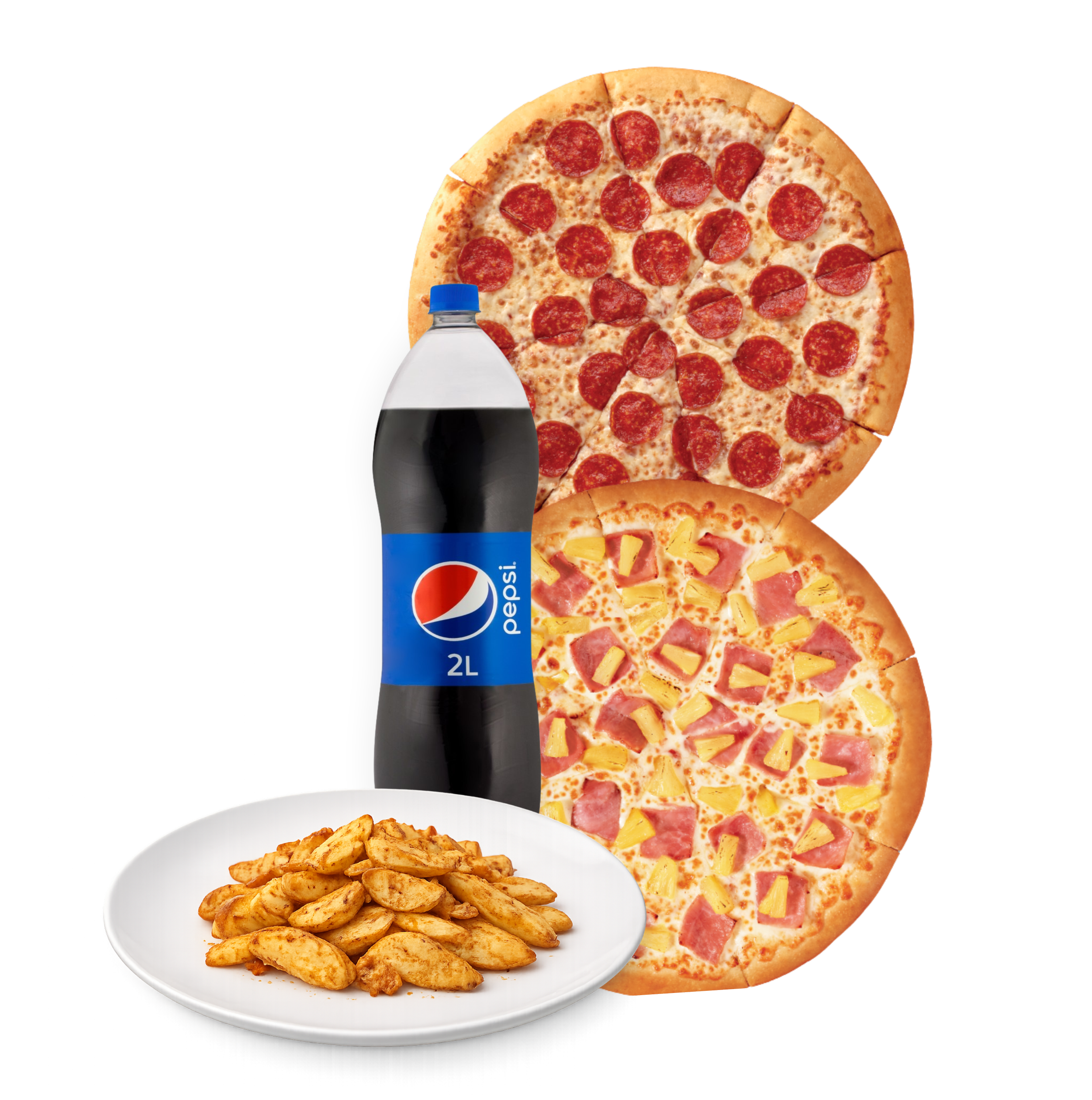 2 Pizzas grandes, refresco pepsi 1.5 l y papas gajo