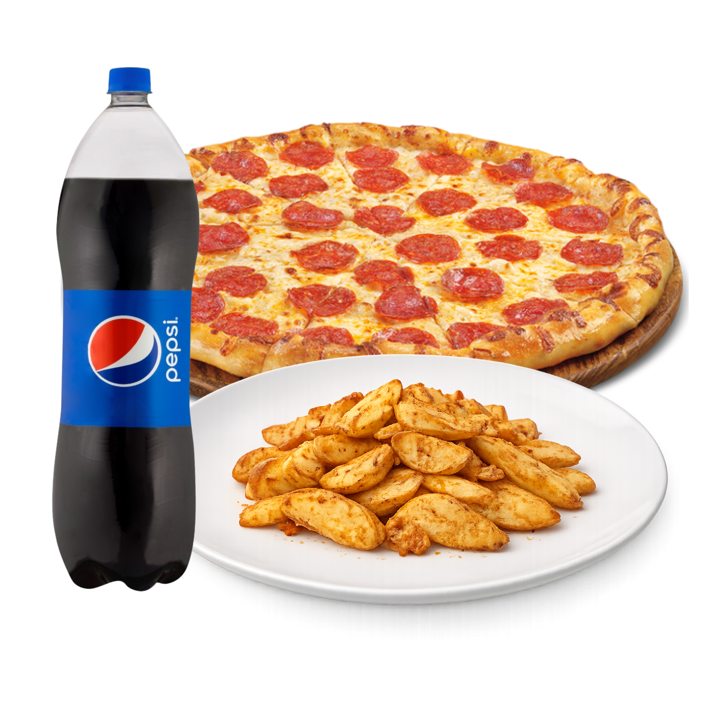 Pizza grande, refresco pepsi 1.5 l y papas gajo