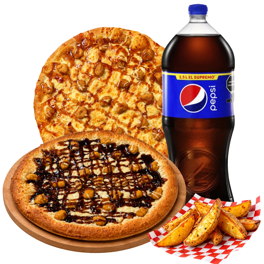 2 Pizzas grandes, refresco pepsi 1.5 l y papas gajo