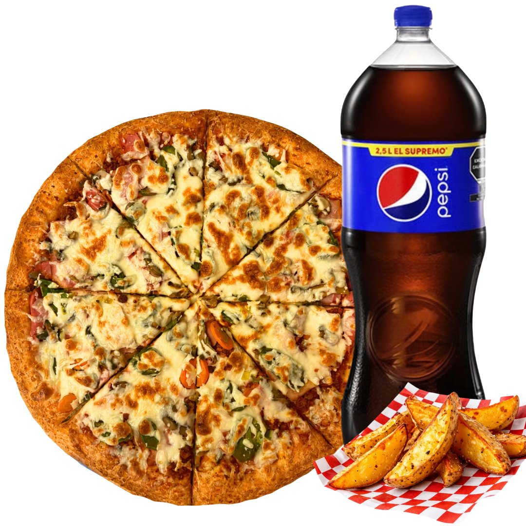 Pizza grande, refresco pepsi 1.5 l y papas gajo