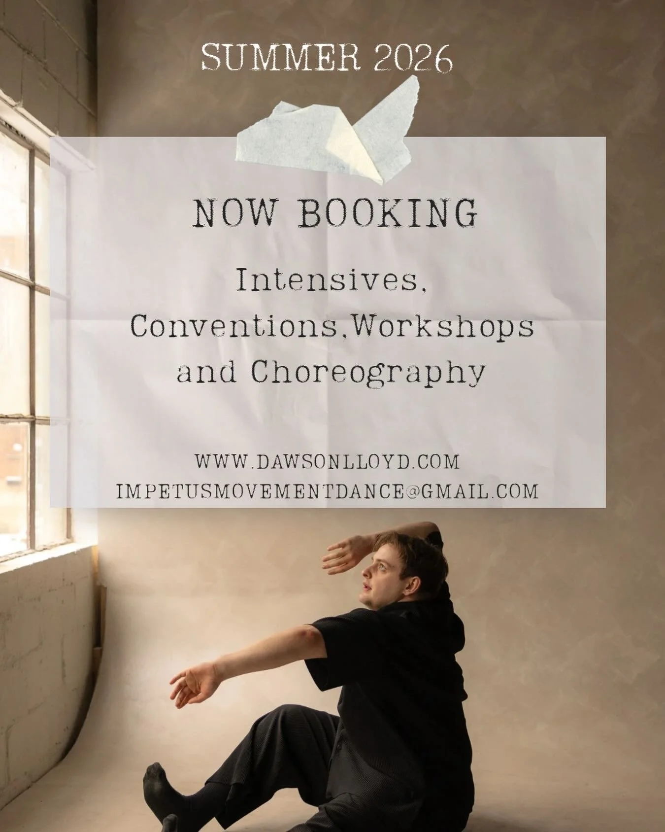 Hello Summer 2026, 

Now booking summer dancing! Please share with any studios, dance friends or conventions who may be interested! ✨✨

- contemporary 
- Jazz 
- partnering 
- Floor work 
- Improvisation, Composition 
- Choreography 
- Conditioning 
