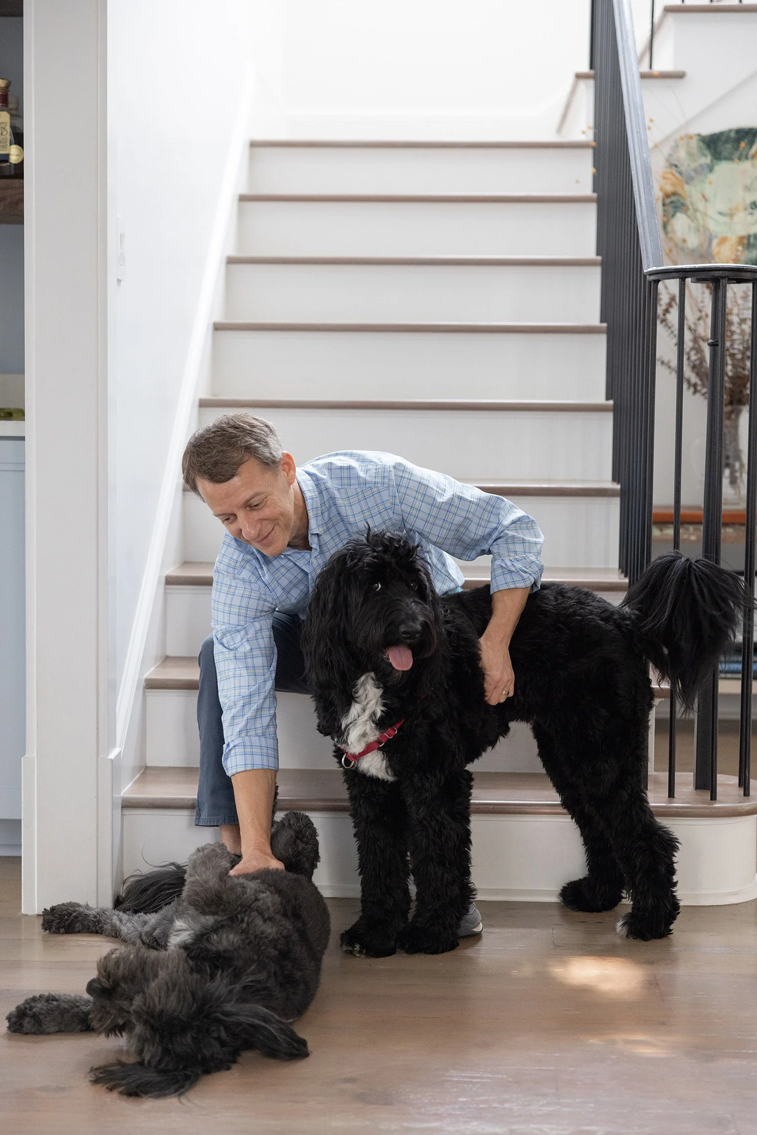 A man on a staircase playing with several puppies and a large black dog.