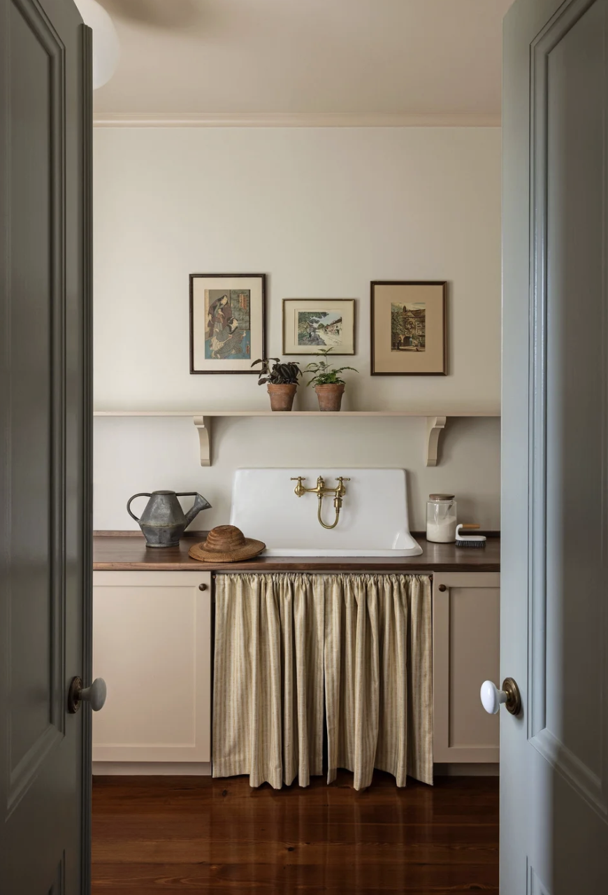 A small kitchen or laundry space seen through a doorway, featuring a white wall with three framed pictures, a shelf with two potted plants, a vintage brass faucet attached to a white sink, and a wooden countertop with a metal watering can, a straw hat, a jar, and a cleaning brush. A beige curtain hides the cabinet below the sink, and the wooden floor adds warmth to the space.