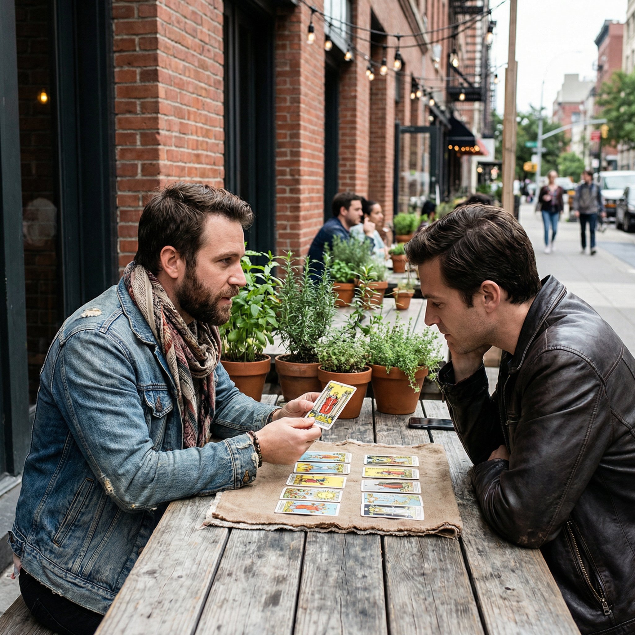 A man giving another man a tarot reading