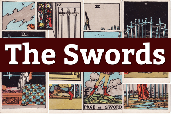 A collage of tarot cards featuring The Moon, the Four of Wands, the Page of Swords, the Five of Swords, the Nine of Swords, the Queen of Swords, and the Seven of Swords.