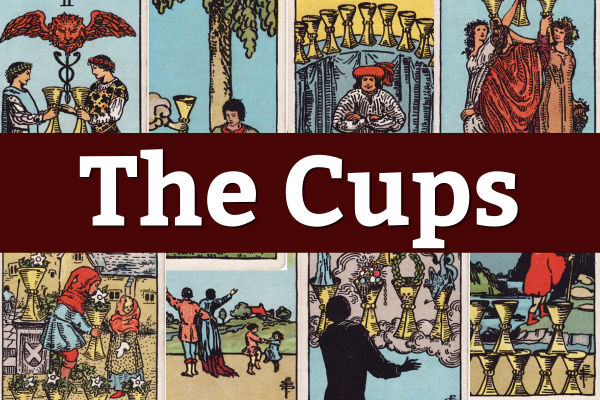 The cover of a tarot card deck titled 'The Cups' featuring various illustrated tarot cards depicting people, cups, and scenes related to the suit of Cups.