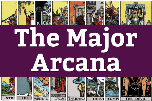 A tarot card image showing the Major Arcana cards arranged in a row with the words "The Major Arcana" in bold white letters on a purple background.