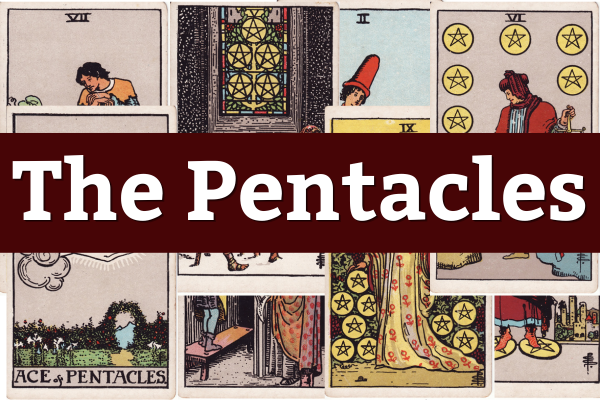 A collage of tarot cards featuring The Magician, The Hierophant, Two of Pentacles, Six of Pentacles, Ace of Pentacles, and other cards with images and symbols related to the pentacle and tarot themes. A maroon band with white text reading "The Pentacles" crosses the middle of the image.