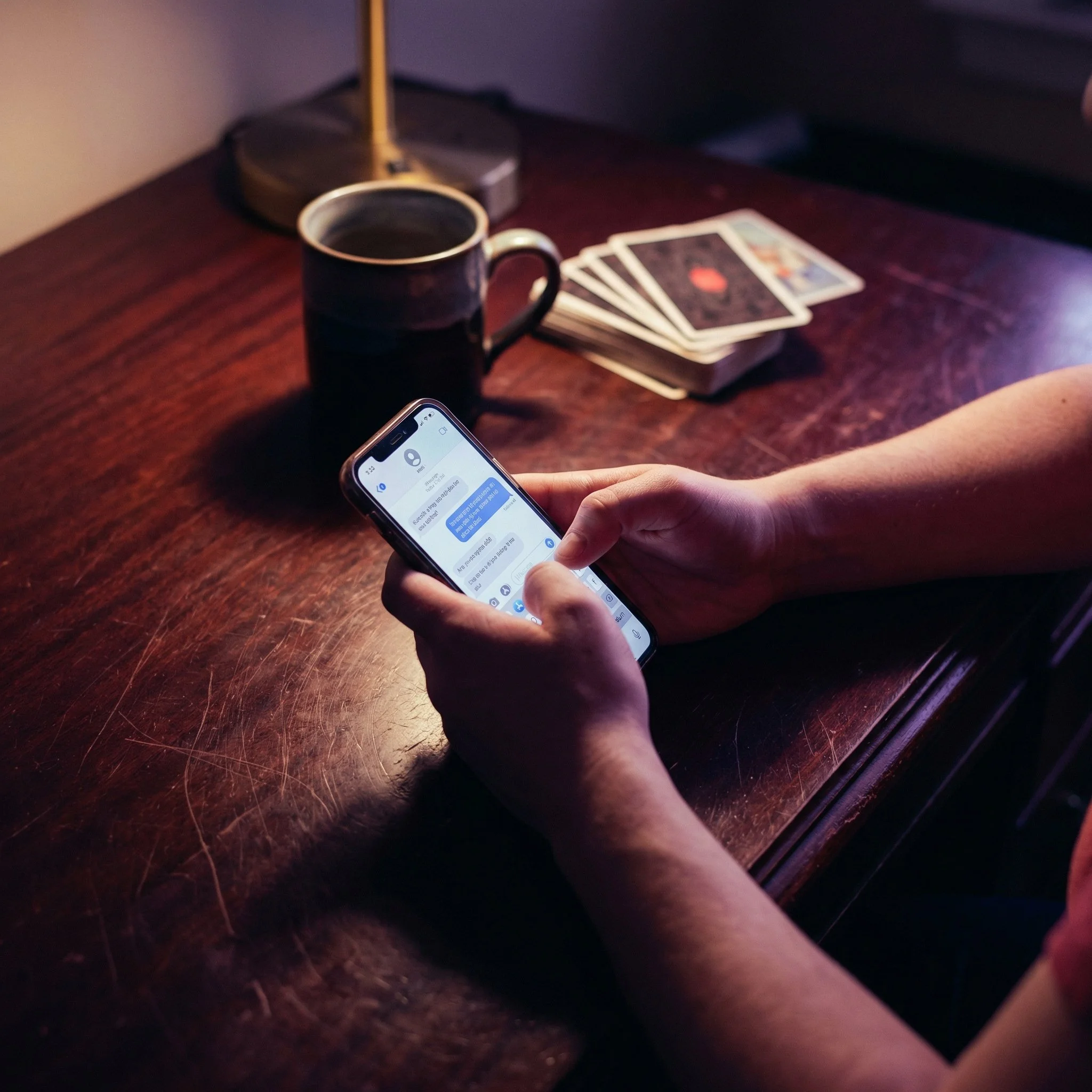 Person using a smartphone at a wooden table with a coffee mug, playing cards, and a lamp in the background.