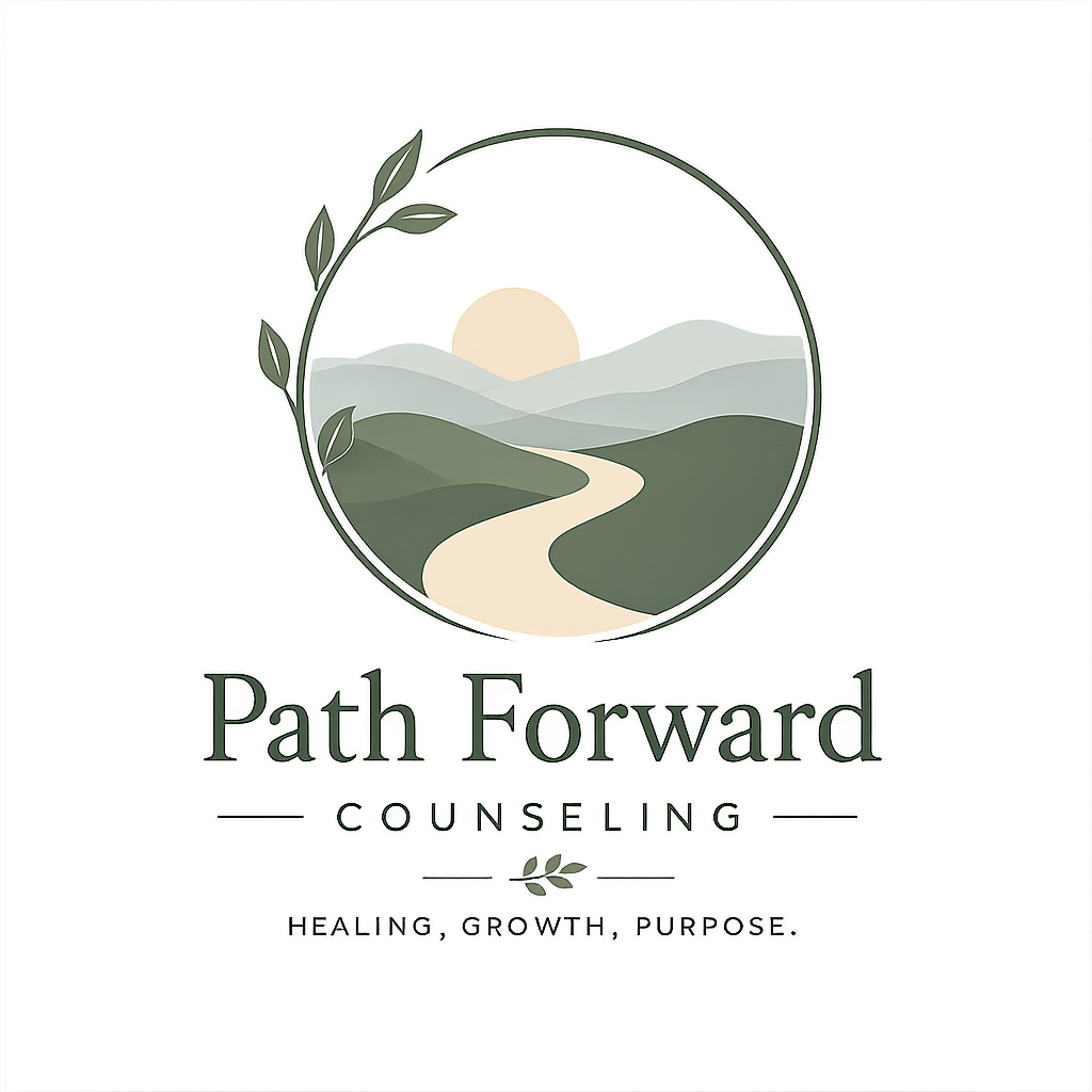 Path Forward Counseling logo with a path winding into the mountains with a sun setting