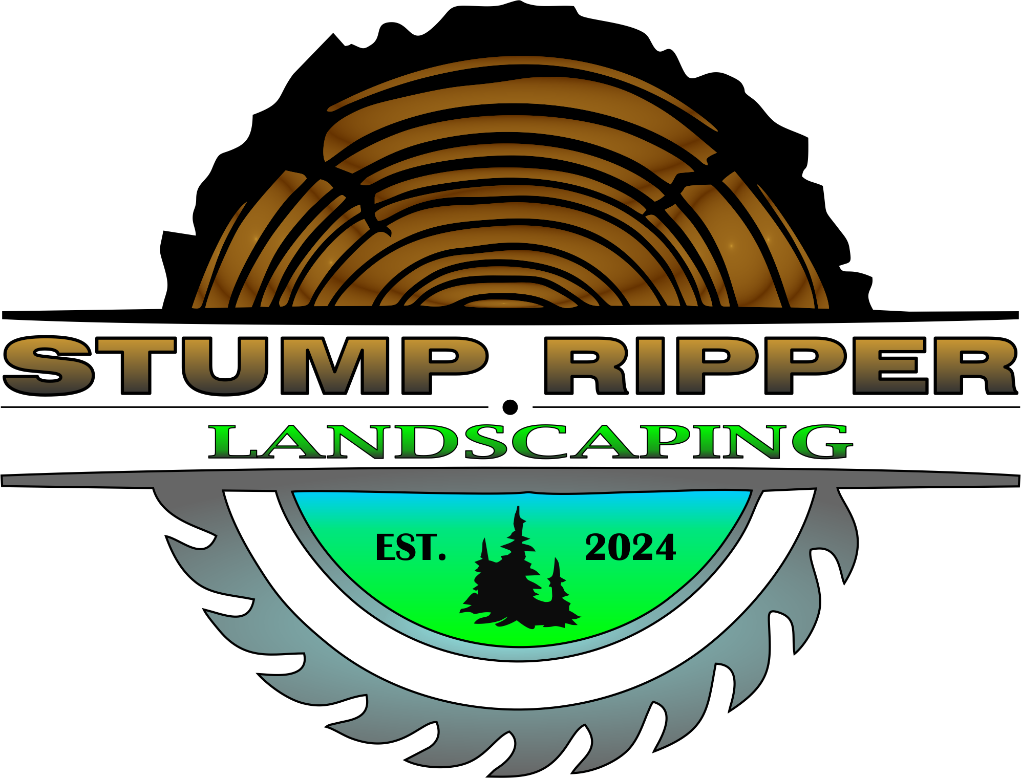 Logo for Stump Ripper Landscaping featuring a tree stump, a saw blade, and a landscape with trees, established in 2024.