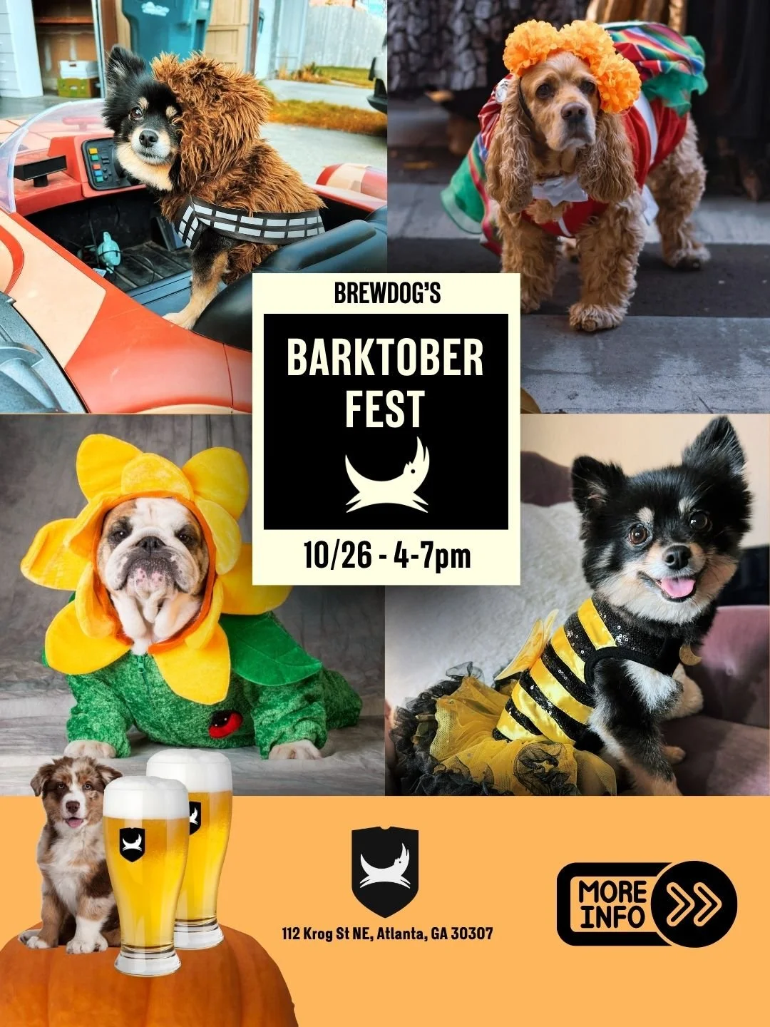 Four dogs dressed in costumes for Brewdog's Barktober Fest event, with event details and location in Atlanta, GA.