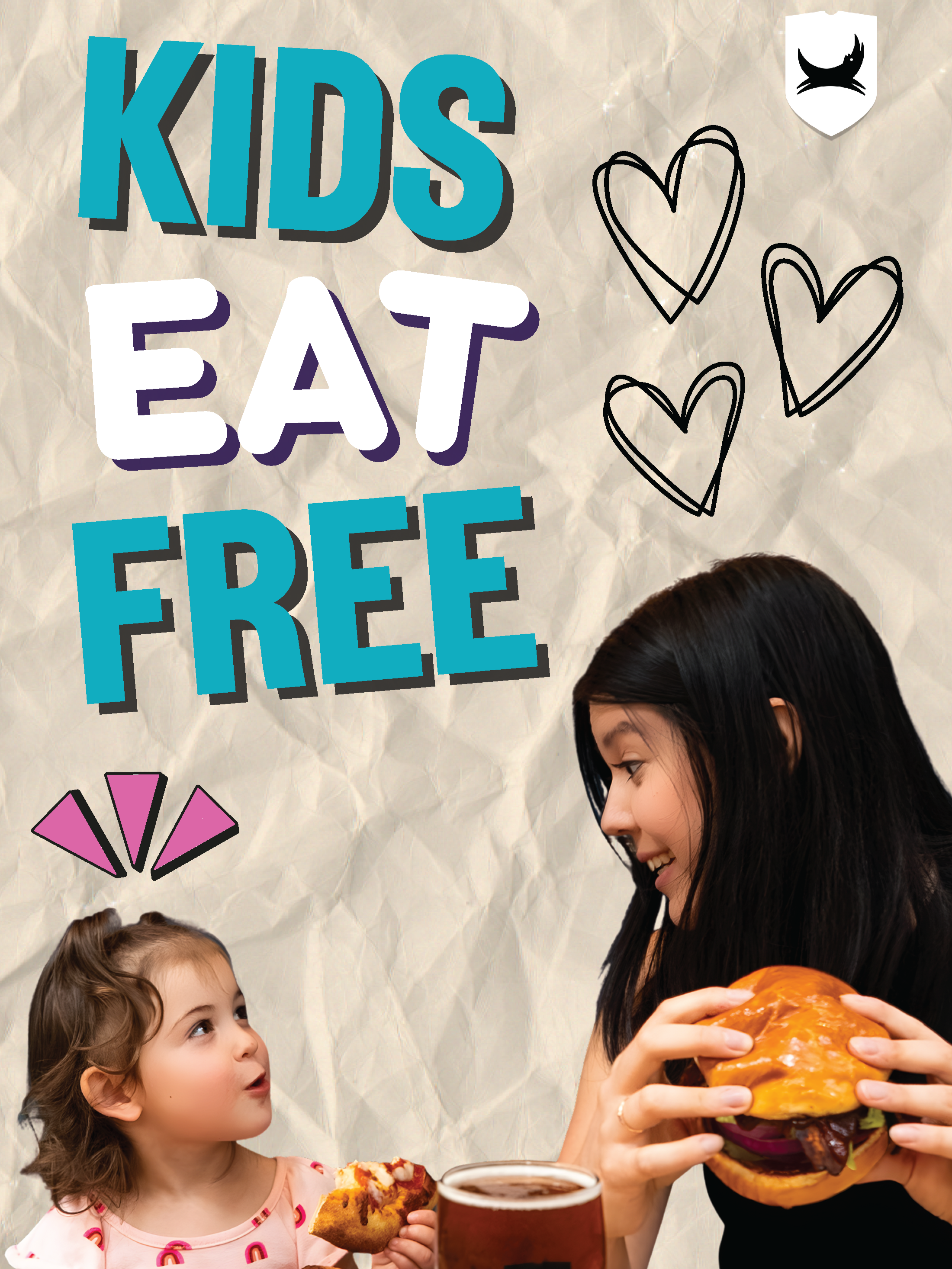 A woman and two young girls are sharing a meal with the woman holding a large hamburger with lettuce, tomato, red onion, and bacon. The girl on the left is holding a slice of cake. The background has a textured beige color with doodle hearts and the 