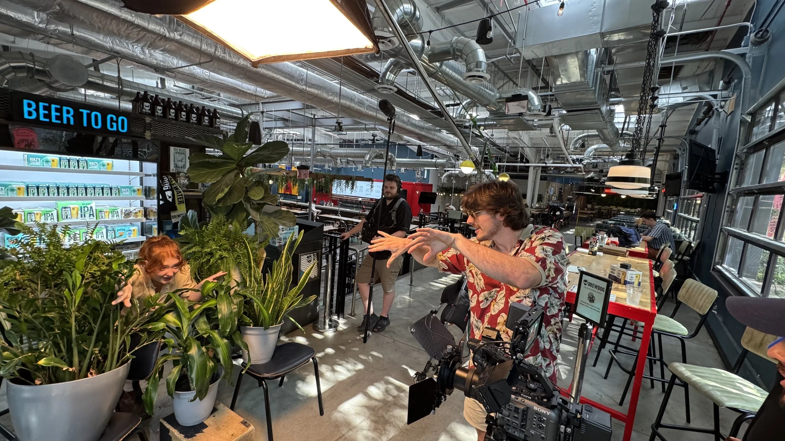 People inside a modern, industrial-style cafe or brewpub, engaged in conversation. There are large windows, plants, and a sign that reads 'BEER TO GO' in the background.