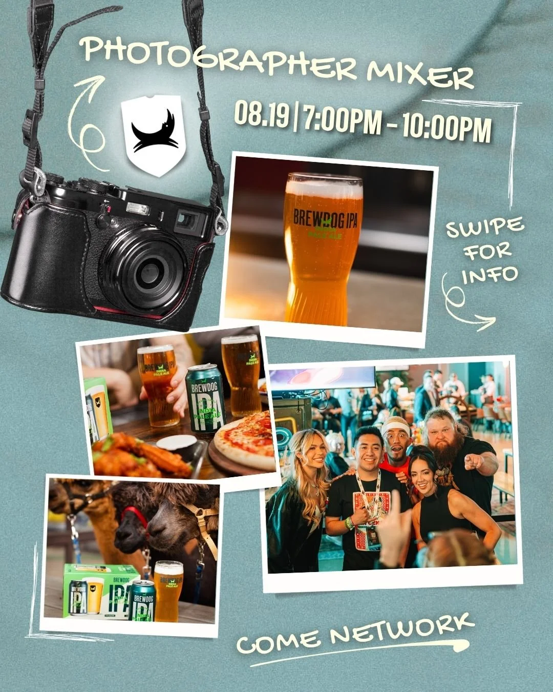 Event poster for a photographer mixer on August 19 from 7:00 PM to 10:00 PM. The poster features images of craft beer, a camera, dogs, a pizza, and a group of people enjoying a social gathering. It includes instructions to swipe for more info and has