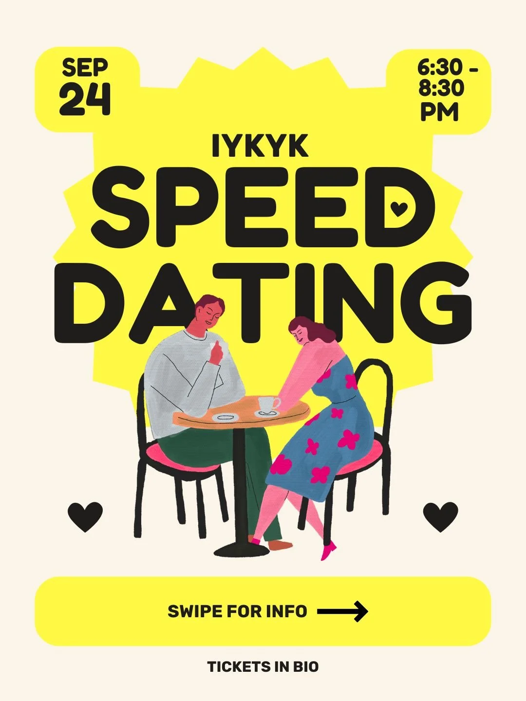 Flyer for a speed dating event on September 24 from 6:30 to 8:30 PM, featuring an illustration of a man and woman sitting at a table, with a yellow background and black text.