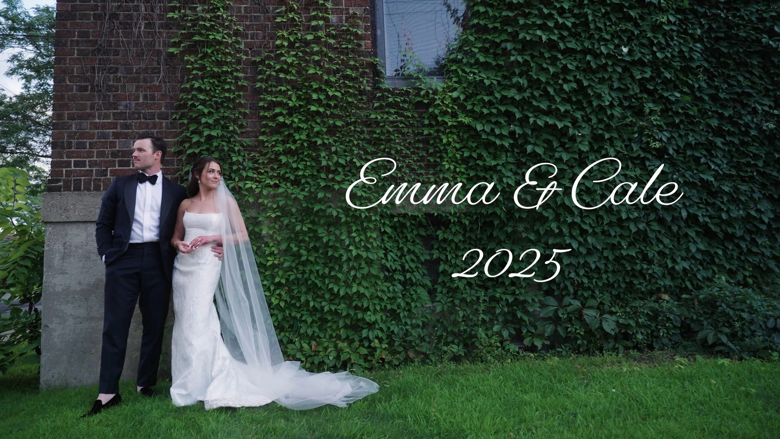 A bride and groom stand outdoors in front of a brick and ivy-covered wall, with the words 'Emma & Eale 2023' overlaid on the image.