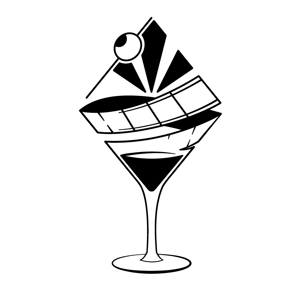 Black and white graphic illustration of a martini glass with a smiling face, featuring a crescent moon-shaped eye and a wide crooked smile with visible teeth.