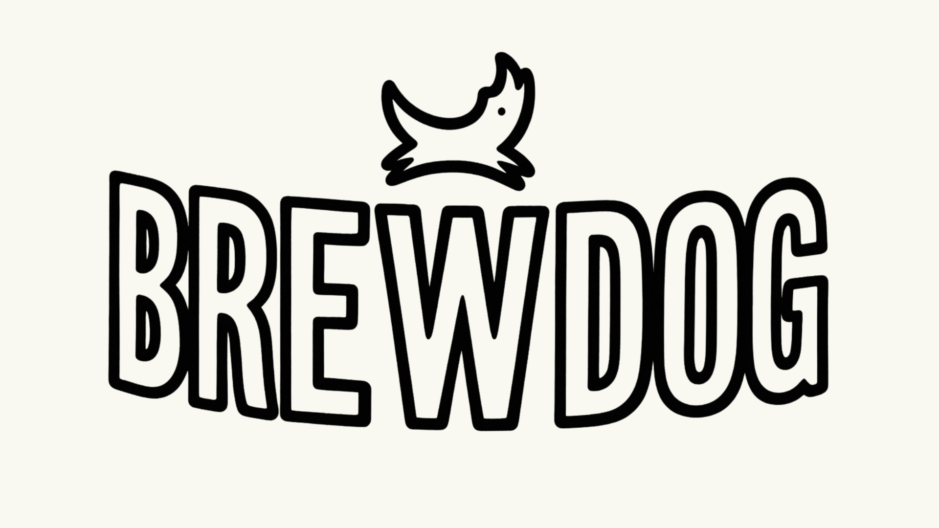A logo with the words "BREW DOG" in large black outlined letters and a stylized dog face above the words.