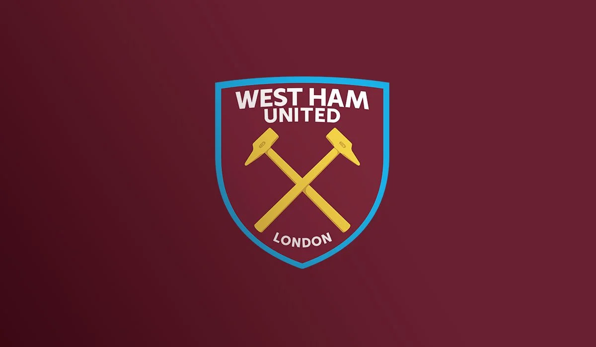 West Ham United football club logo with crossed hammers and 'London' on a maroon background.