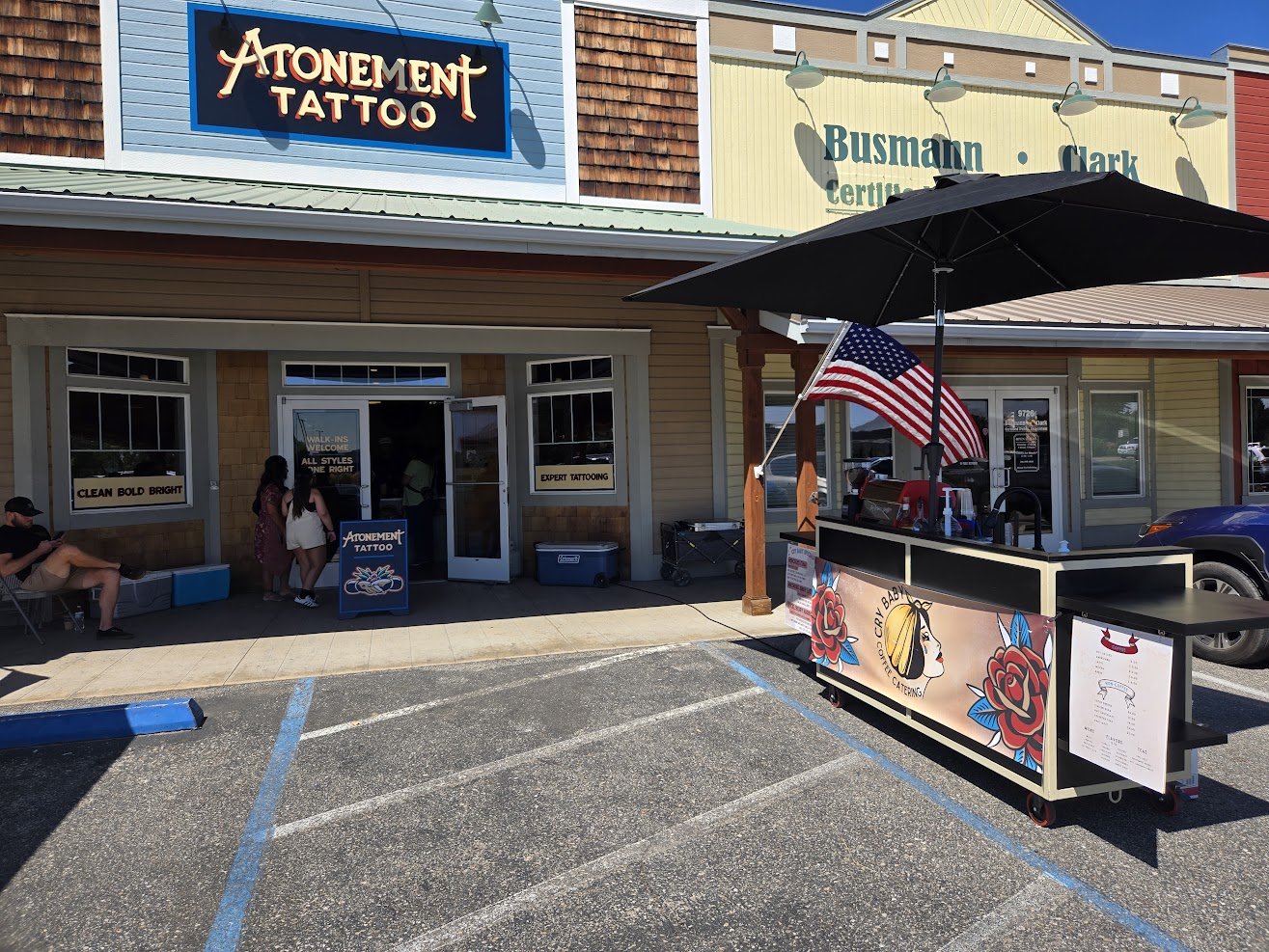 Cry Baby Coffee Catering coffee cart at outdoor pop-up event in Star, Idaho outside Atonement Tattoo