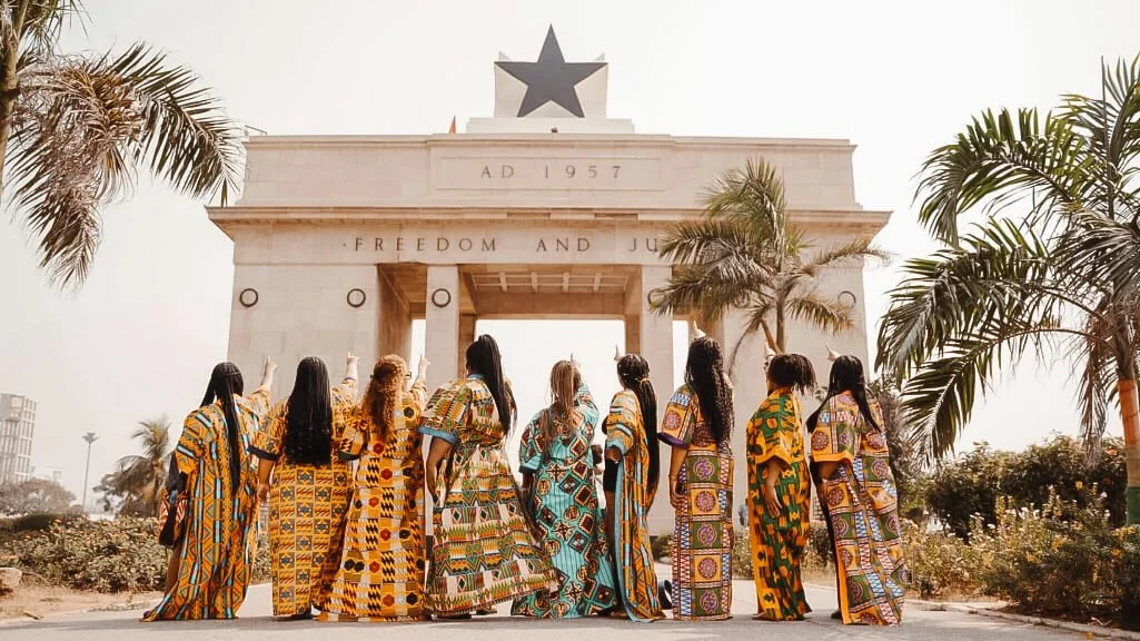 Women dressed in Ghana traditional clothing at the Blackstar Square,Ghana