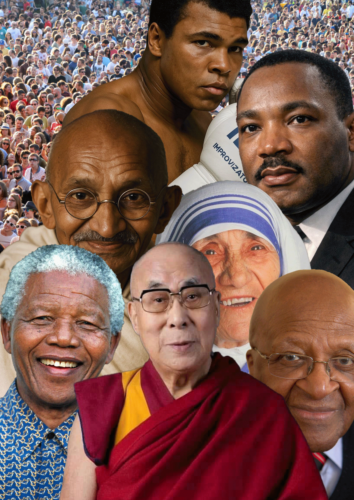 A collage of various world leaders, including Nelson Mandela, the Dalai Lama, and others