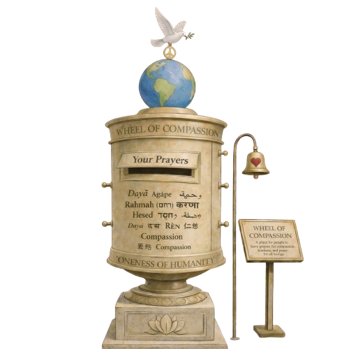 A sculpture titled 'Wheel of Compassion' featuring a globe, a dove, a bell, and various translations of 'Your Prayers' on a pedestal, with an informational sign nearby.
