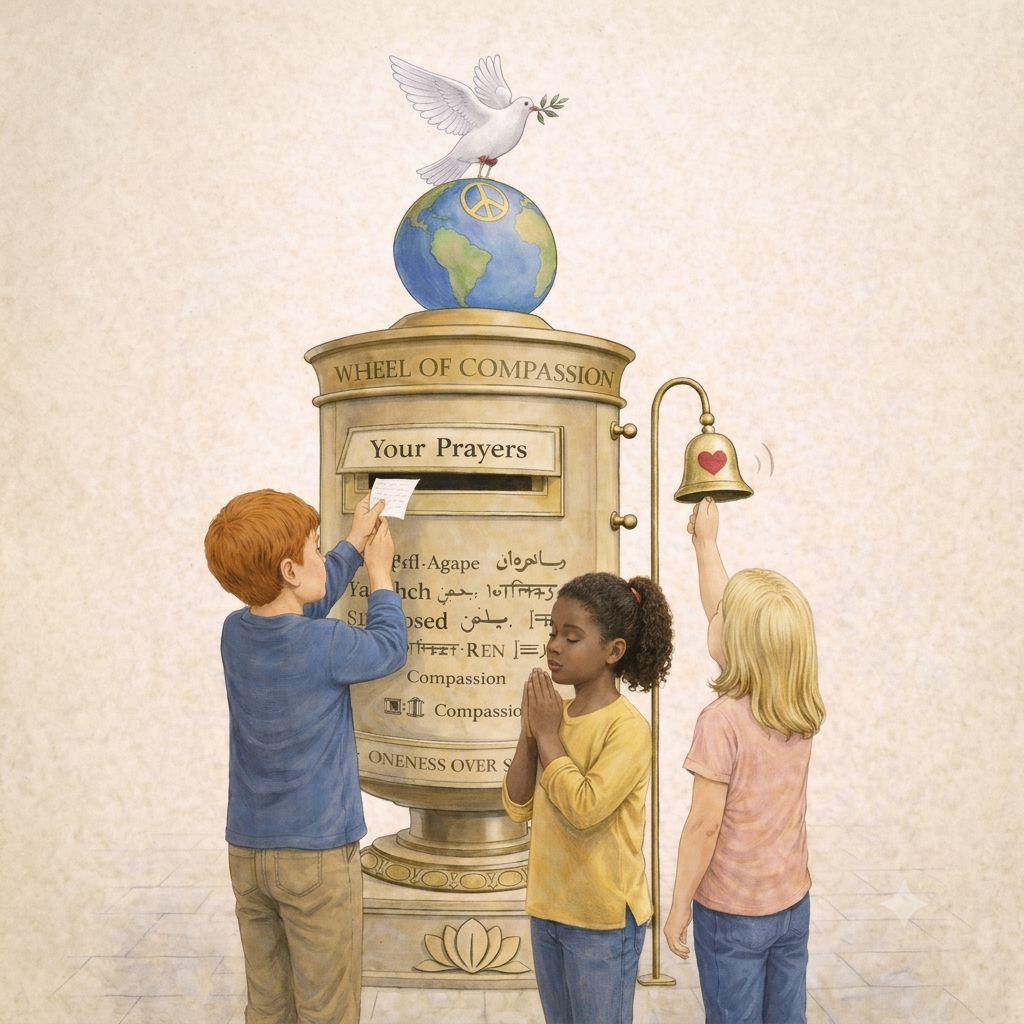 Three children praying in front of a the Wheel of Compassion. One child is placing a prayer note into the wheel, another is holding a bell with a heart on it, and the third has hands clasped in prayer.
