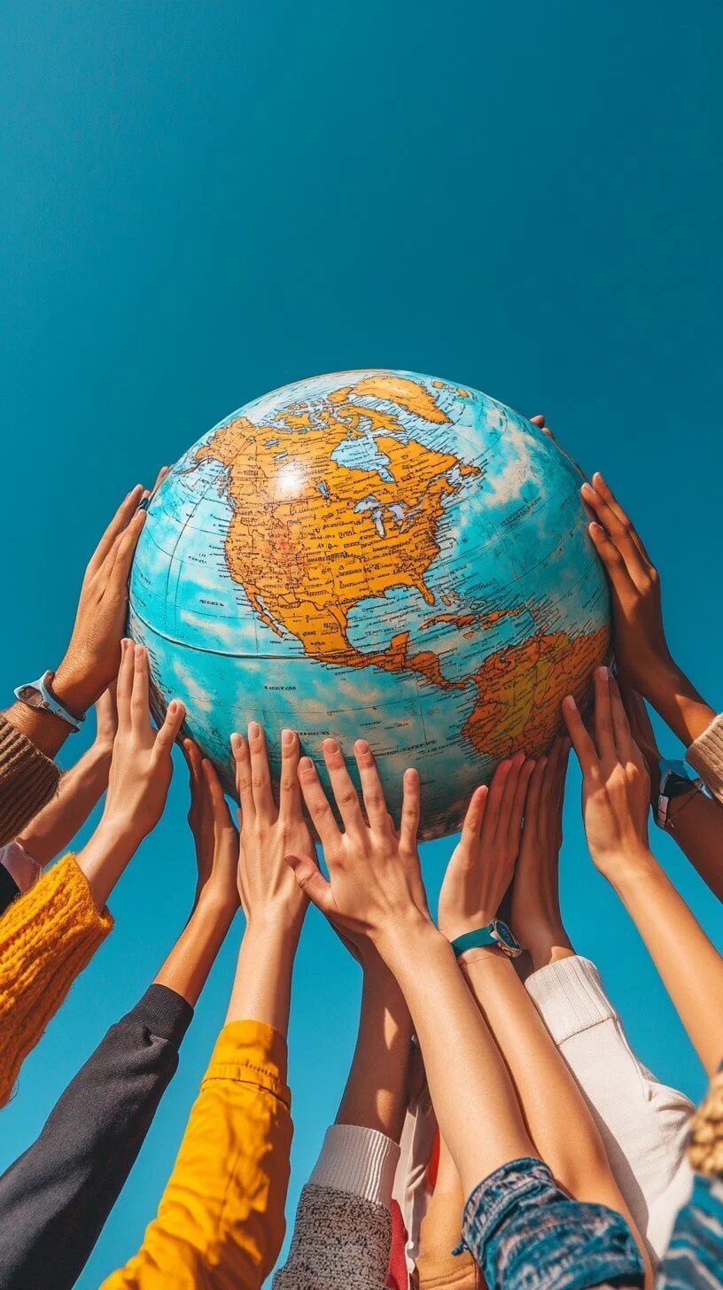 Multiple hands from diverse people holding up a globe against a blue sky.