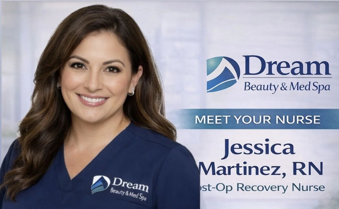 Smiling woman in navy medical scrubs with 'Dream Beauty & Med Spa' logo, standing in front of a banner that introduces her as Jessica Martinez, RN, Post-Op Recovery Nurse at Dream Beauty & Med Spa.