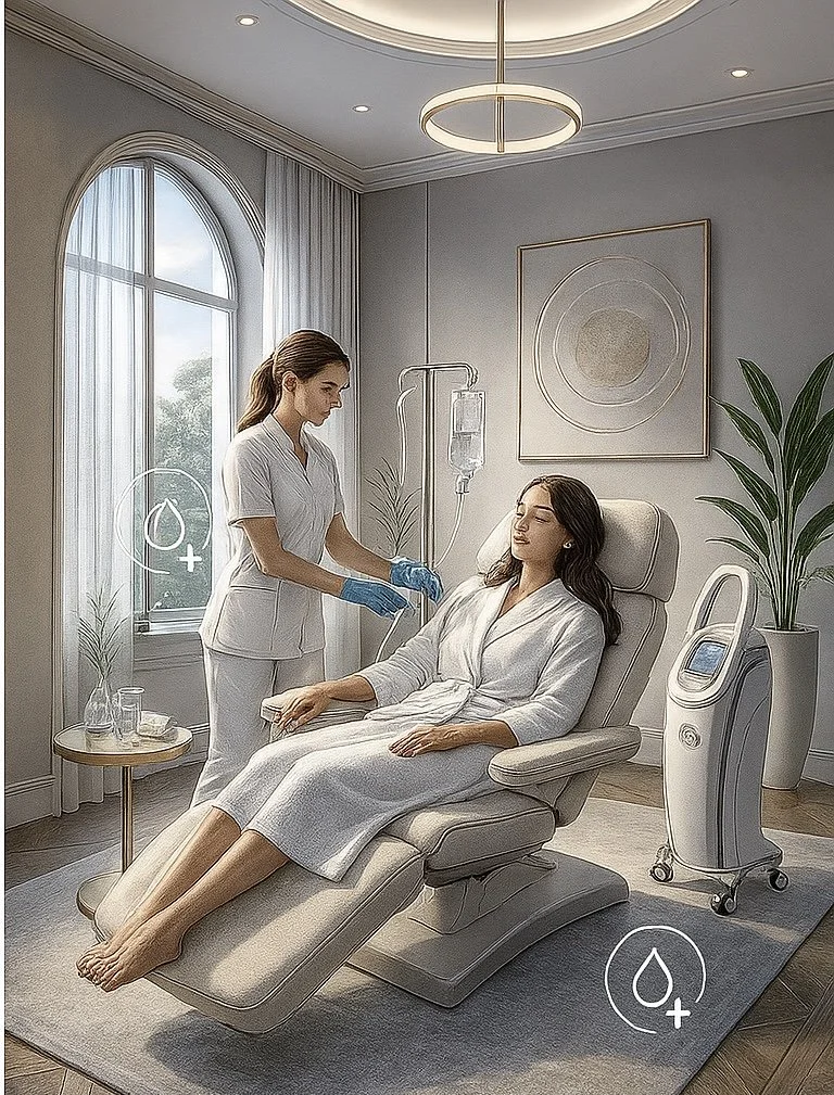 Woman receiving a medical treatment from a nurse in a modern, well-lit clinic room with large window and indoor plants.