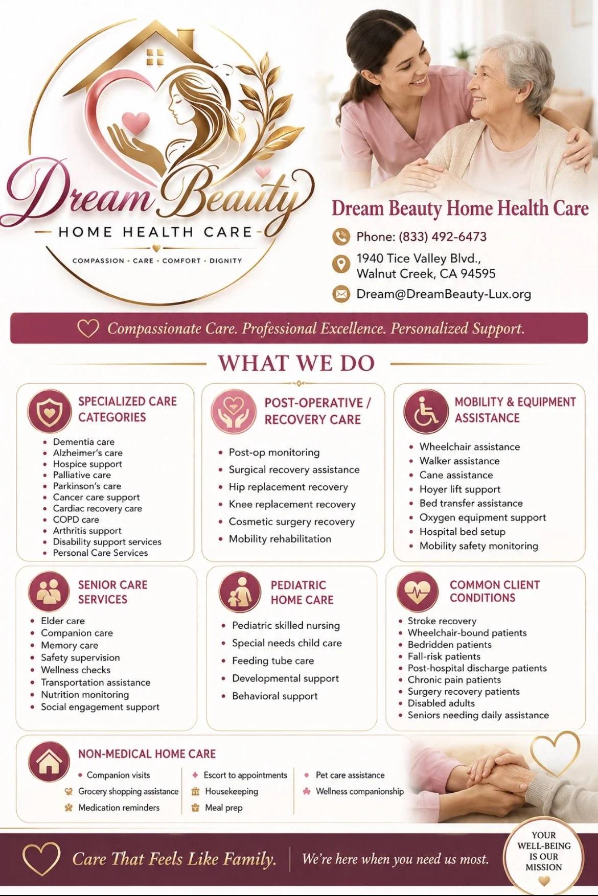 Flyer for Dream Beauty Home Health Care featuring a young nurse and an elderly woman smiling at each other, with contact information, list of care services including specialized, post-operative, mobility support, senior, pediatric home care, and chronic condition services, and highlighting personalized, compassionate care.