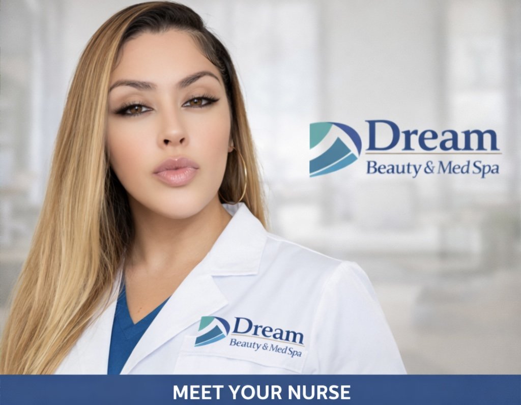 Young woman with long blonde hair wearing medical scrubs and a white coat, standing in front of a blurred background with the Dream Beauty & Med Spa logo. Text at the bottom says 'Meet Your Nurse'.