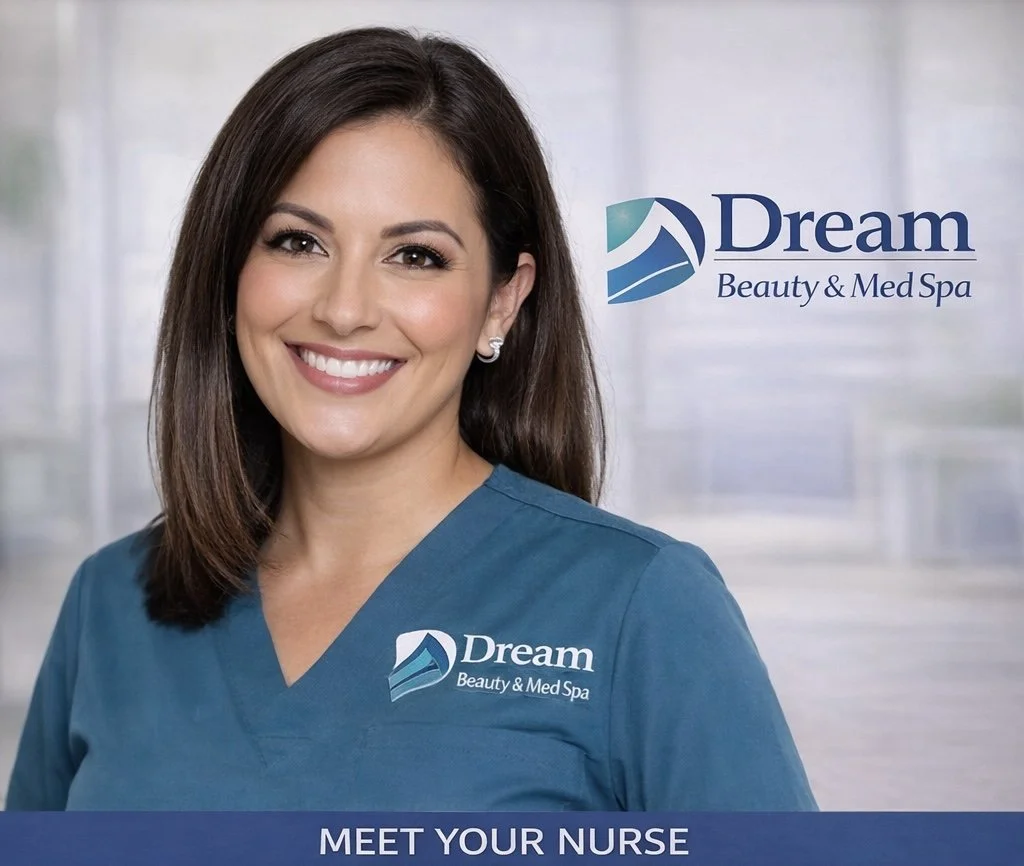 A smiling nurse with brown hair wearing blue scrubs with 'Dream Beauty & Med Spa' logo, standing in front of a wall with the same logo, with a caption that says 'Meet Your Nurse'.