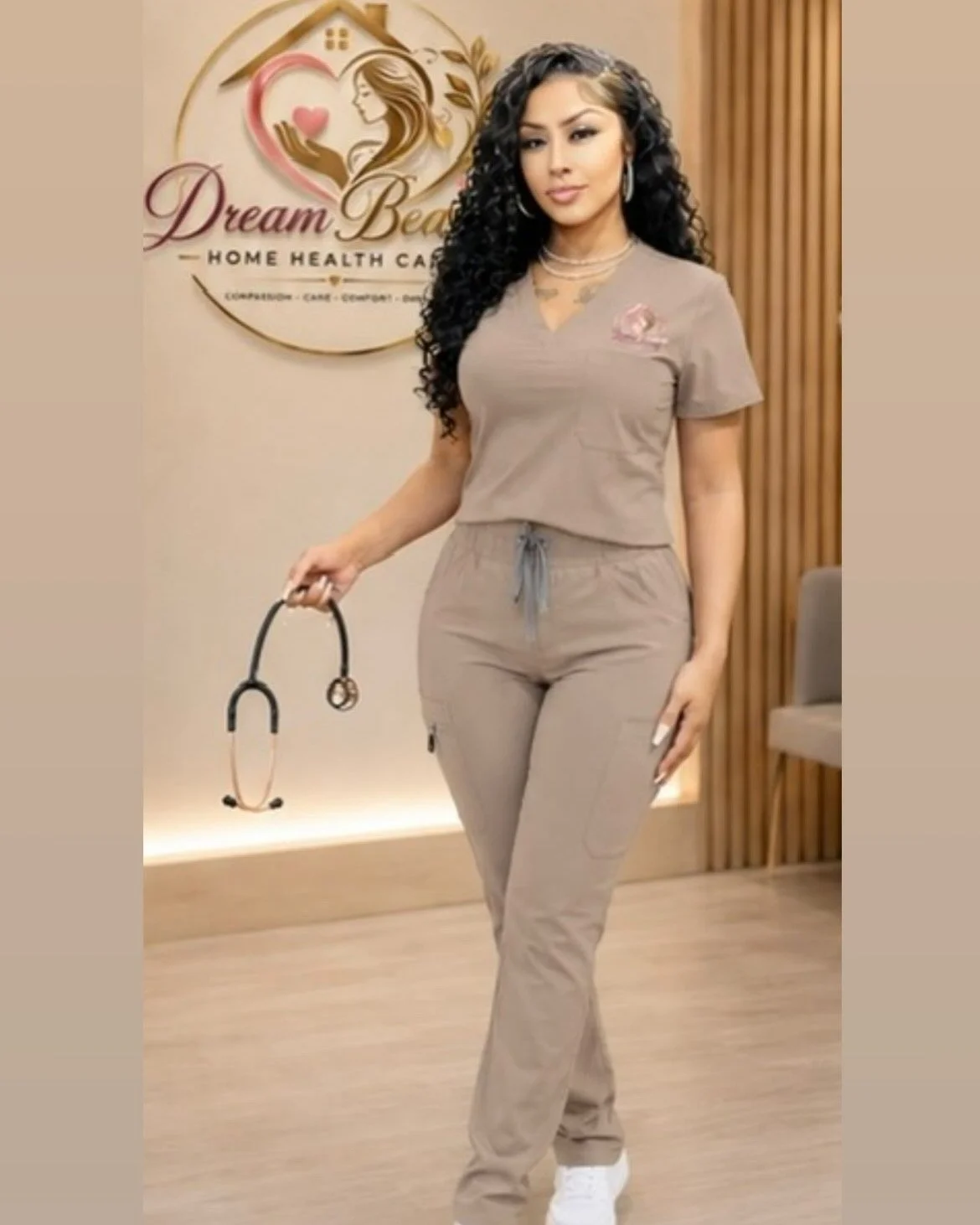 A woman with long curly black hair, wearing beige medical scrubs, holding a stethoscope, standing in front of a clinic sign that reads 'Dream Beauty Home Health Care'