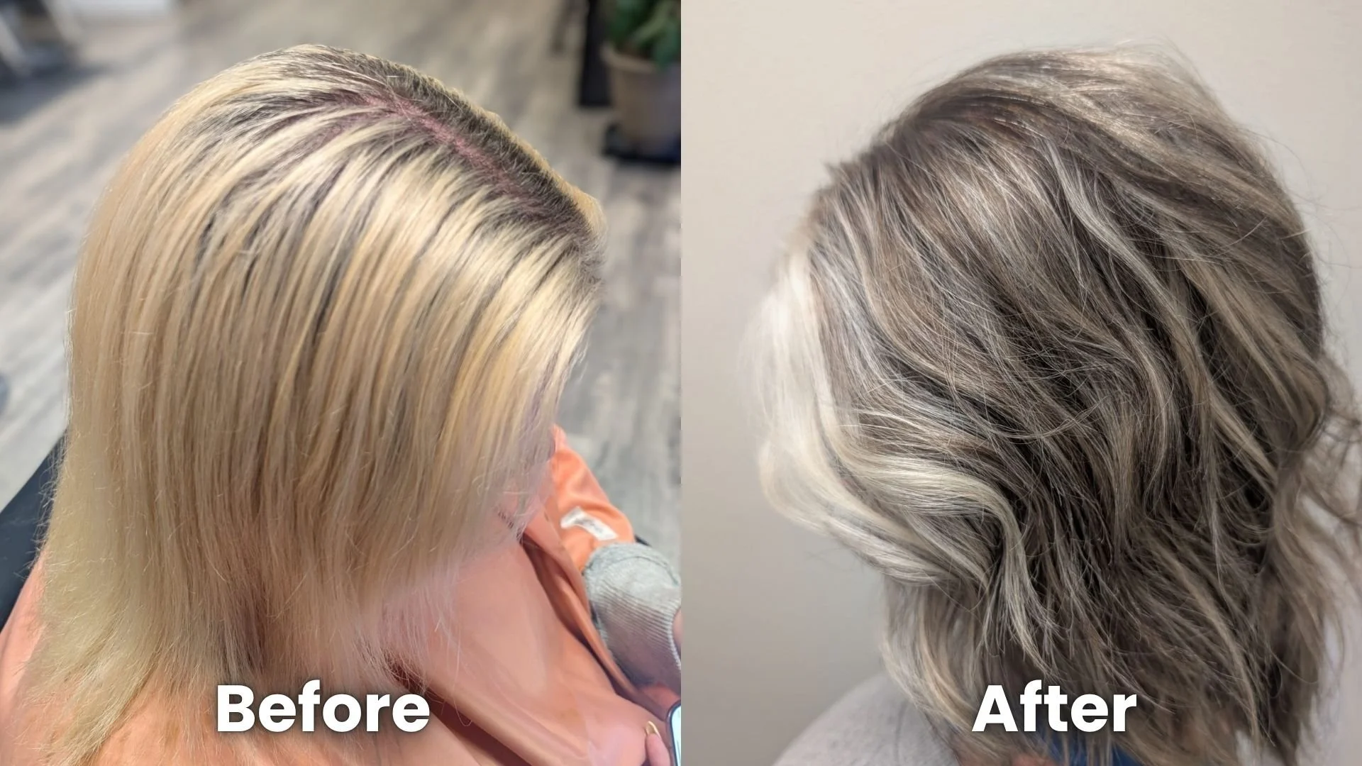 Side-by-side comparison of a woman's hair before and after a hair coloring and styling treatment. The 'Before' shows blonde hair with visible roots and uneven color, while the 'After' shows a styled, multi-tonal gray and blonde wavy haircut.
