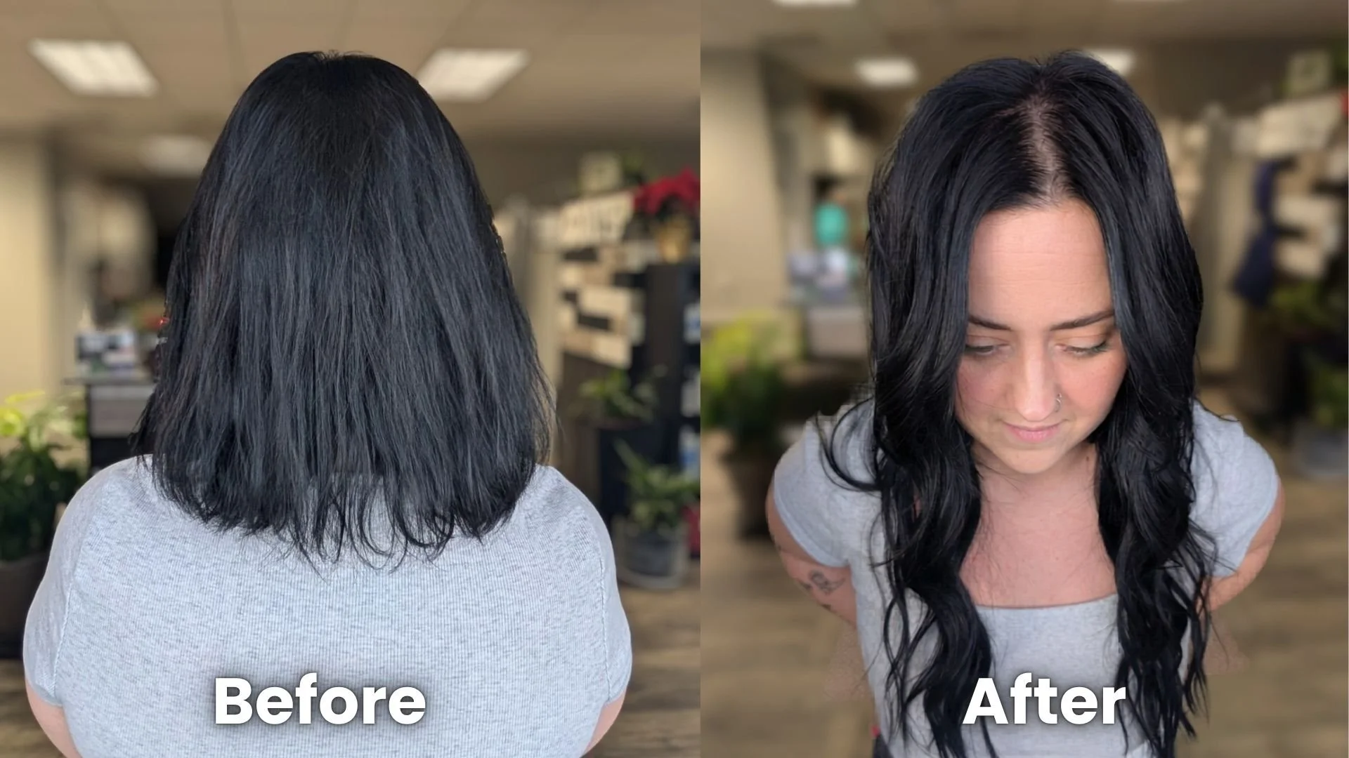 Side-by-side comparison of a woman’s hair, showing before and after a hair transformation. The 'Before' image displays shoulder-length, slightly wavy, black hair. The 'After' image shows the same woman with longer, styled, wavy black hair, and she is looking down with a small smile.