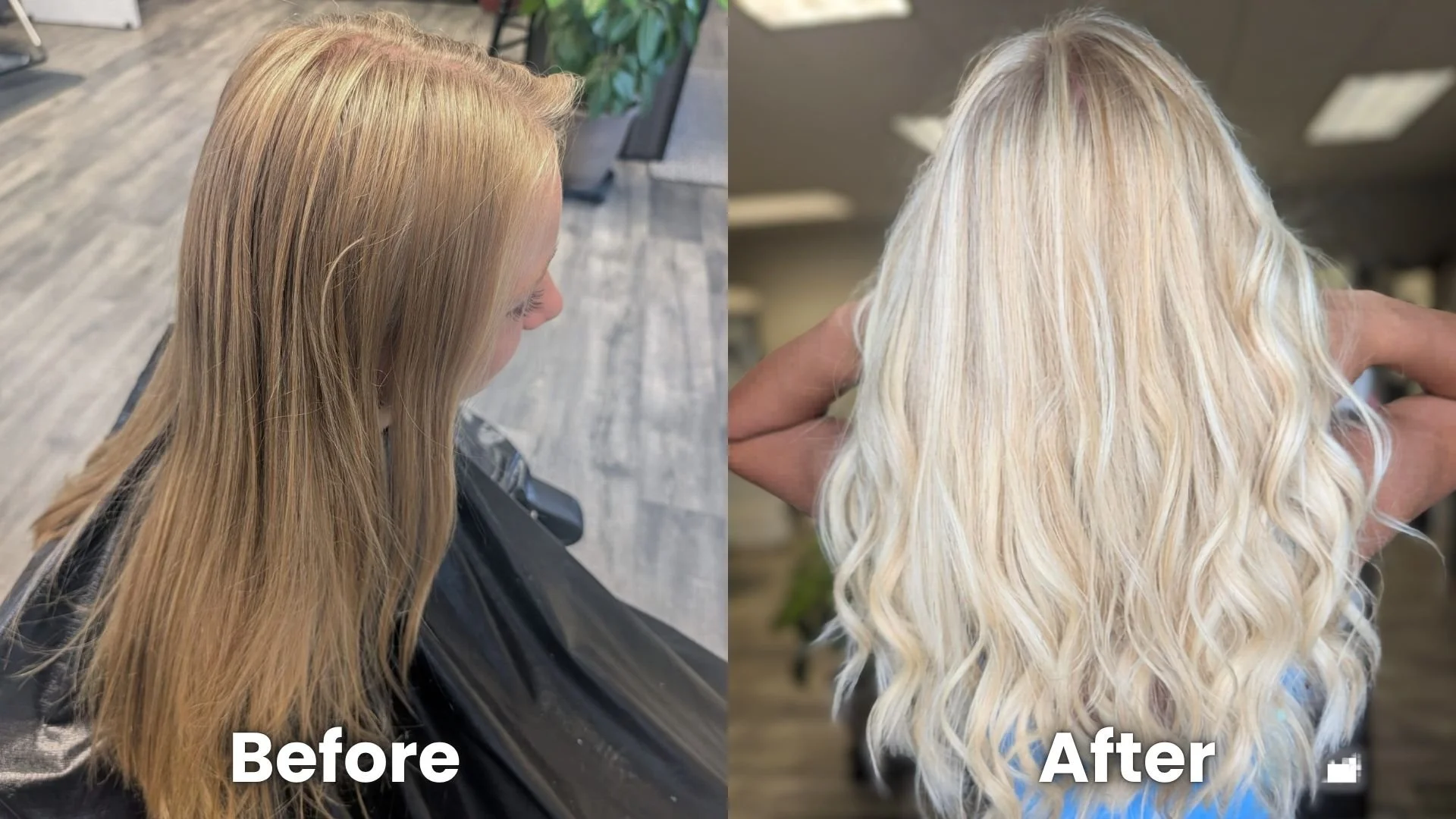 Side-by-side comparison of a woman’s hair before and after coloring. The 'Before' shows light brown hair, and the 'After' displays platinum blonde, wavy hair.