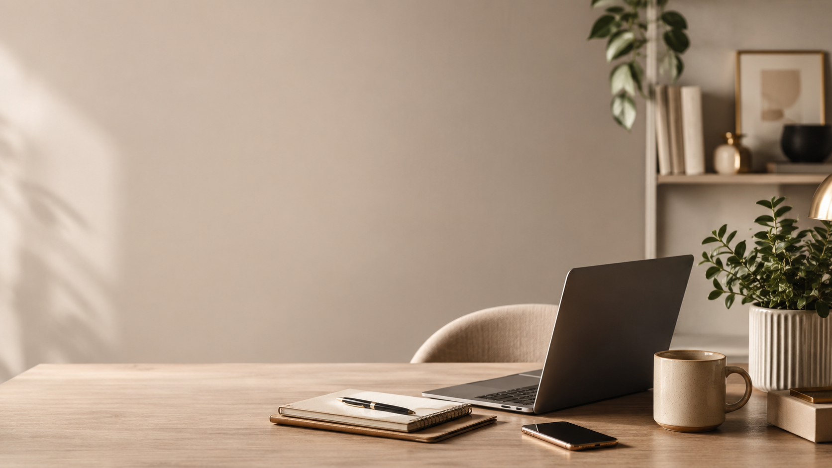 A minimalist workspace with a wooden desk, an open laptop, a notebook with a pen, a coffee mug, a smartphone, and a potted plant. In the background, a shelf with books and decorative items.