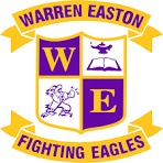 Warren Easton Fighting Eagles school emblem with purple and gold colors, featuring a basketball, eagle, and letter 'W' and 'E'.