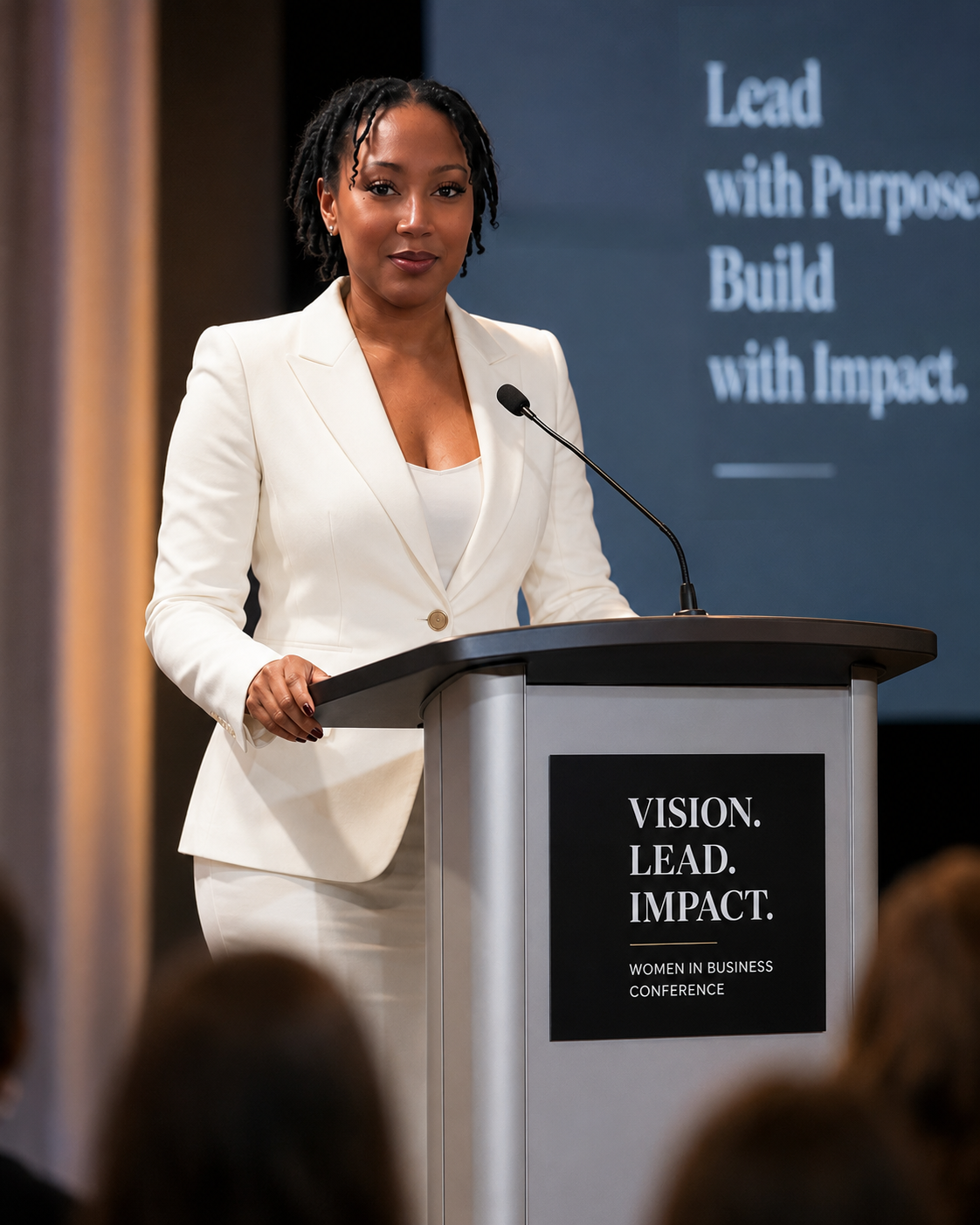 Woman in white blazer speaking at a conference with a screen behind her that reads 'Lead with Purpose, Build with Impact'.