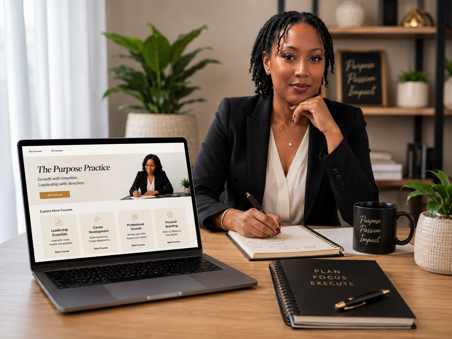 A woman with dreadlocks sitting at a desk with a laptop, notebooks, and plants, looking confidently at the camera.