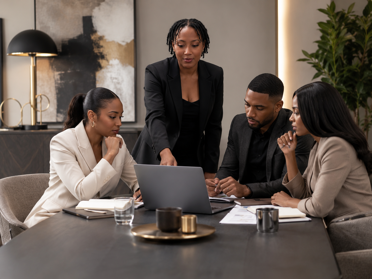 A group of four business professionals gathered around a laptop in a modern office, with one woman standing and pointing at the screen.