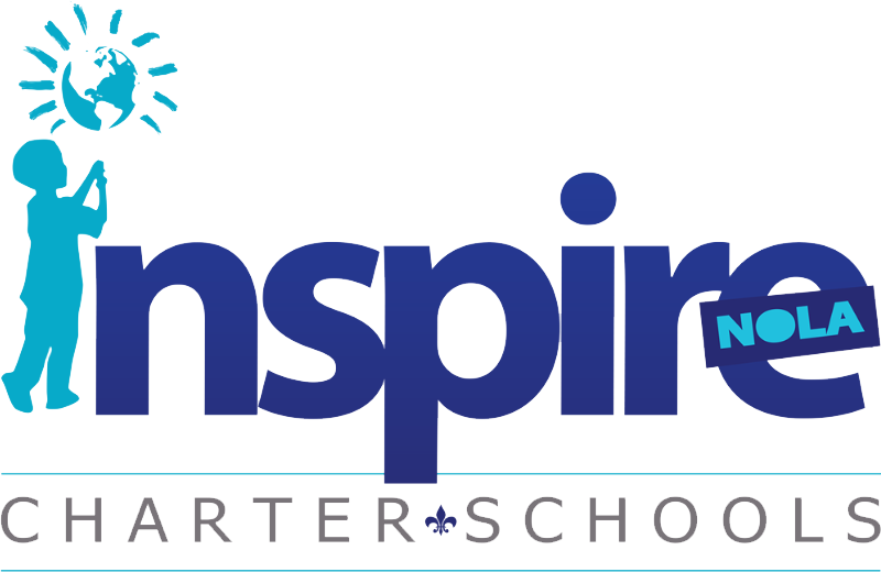 Logo for Inspire NOLA Charter Schools featuring a blue silhouette of a girl holding a light bulb with a globe inside, the word "inspire" in large blue letters, and a small blue banner with "NOLA" on it. The word "CHARTER SCHOOLS" appears below in gray with a fleur-de-lis symbol in the center.