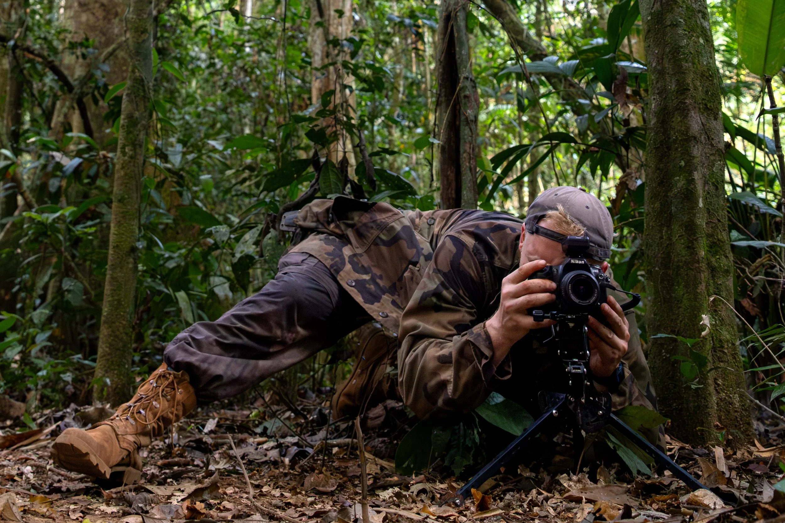 Hugo Cliff, deploying a DSLR camera trap in Tambopata, Peru.