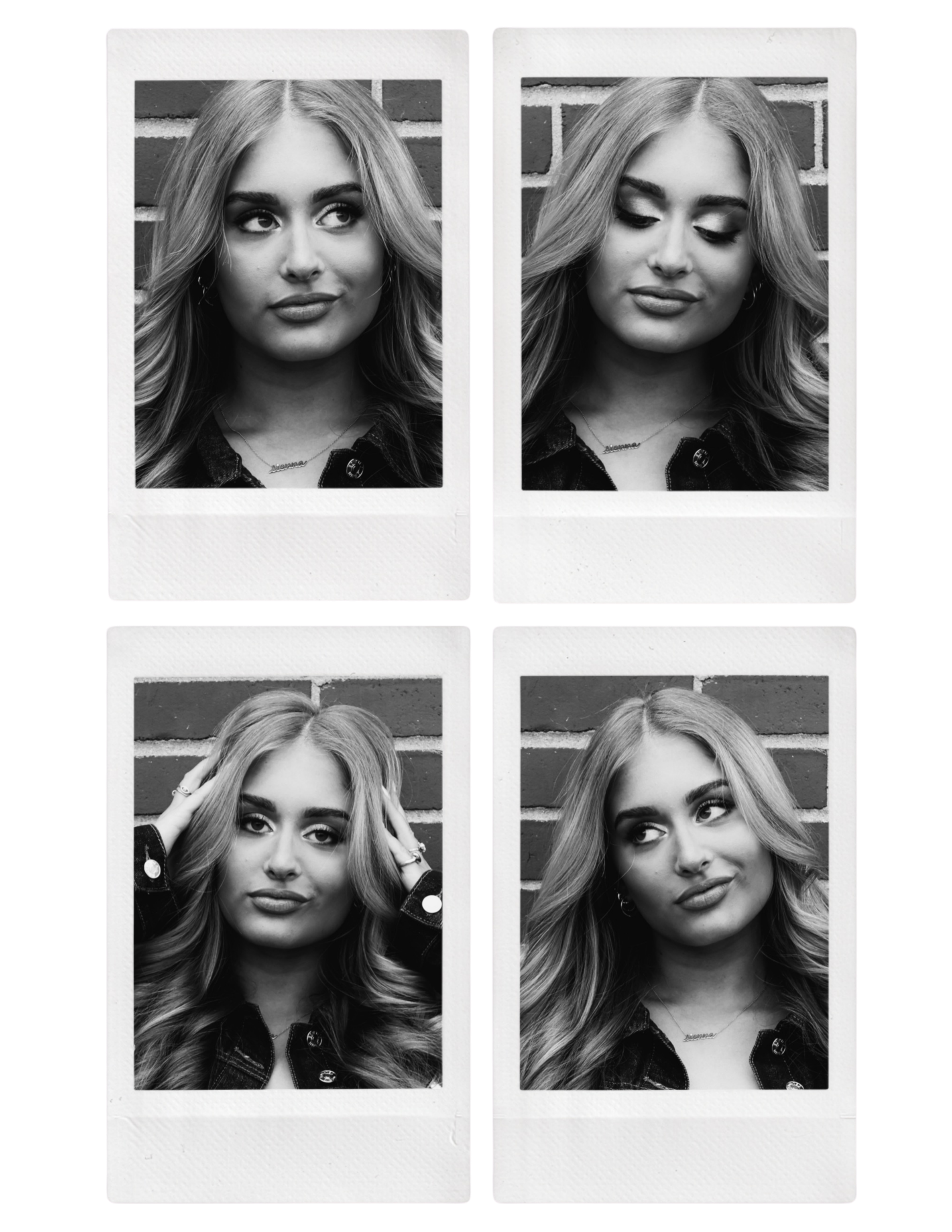 Four black and white instant photos of a young woman with long wavy hair, posing against a brick wall. She has a necklace and wears a denim jacket, displaying different facial expressions and gestures in each photo.