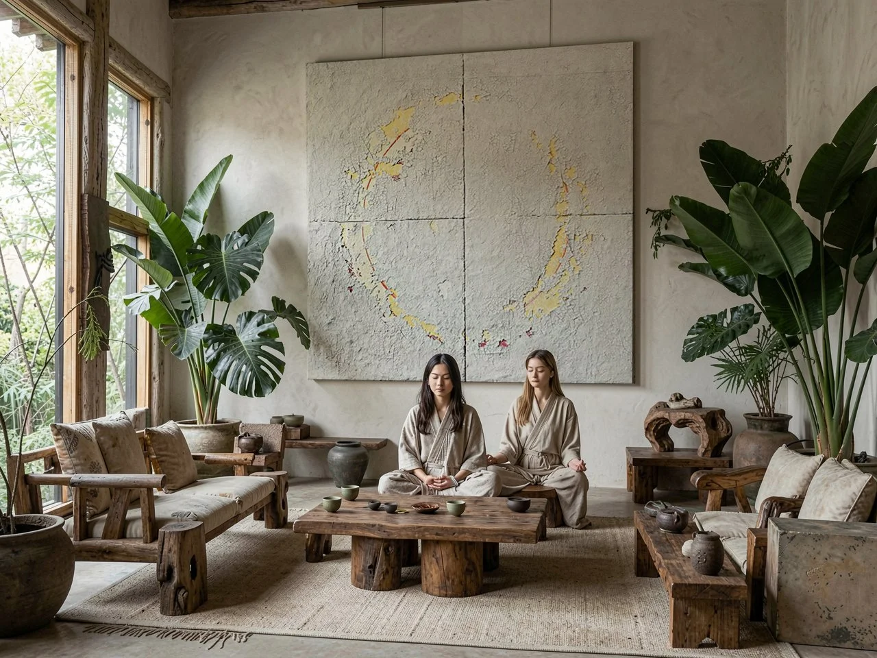 Two women in traditional Asian attire practicing meditation in a serene, natural-themed room with large green plants, wooden furniture, and an abstract textured wall art piece.