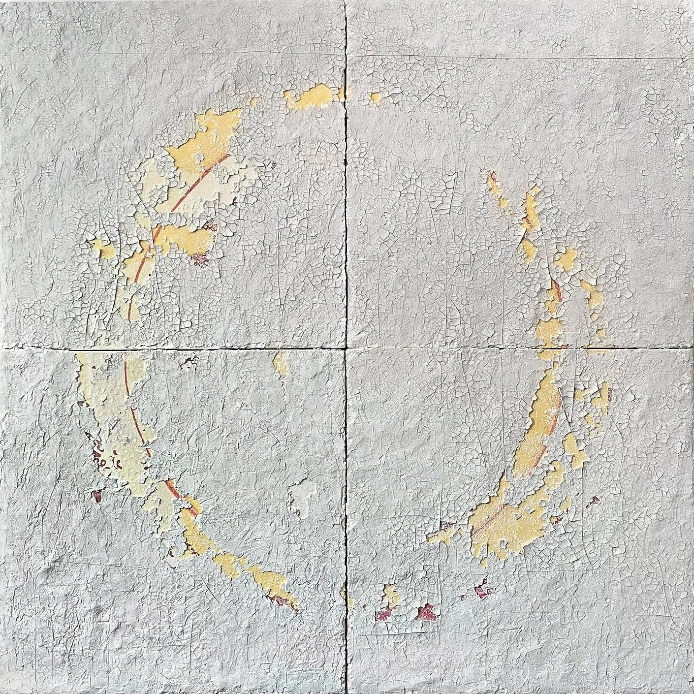 Palimpsest Hourglass 2 original artwork, featuring cracked gray paint peeling and visible yellow layers underneath, divided into four panels.
