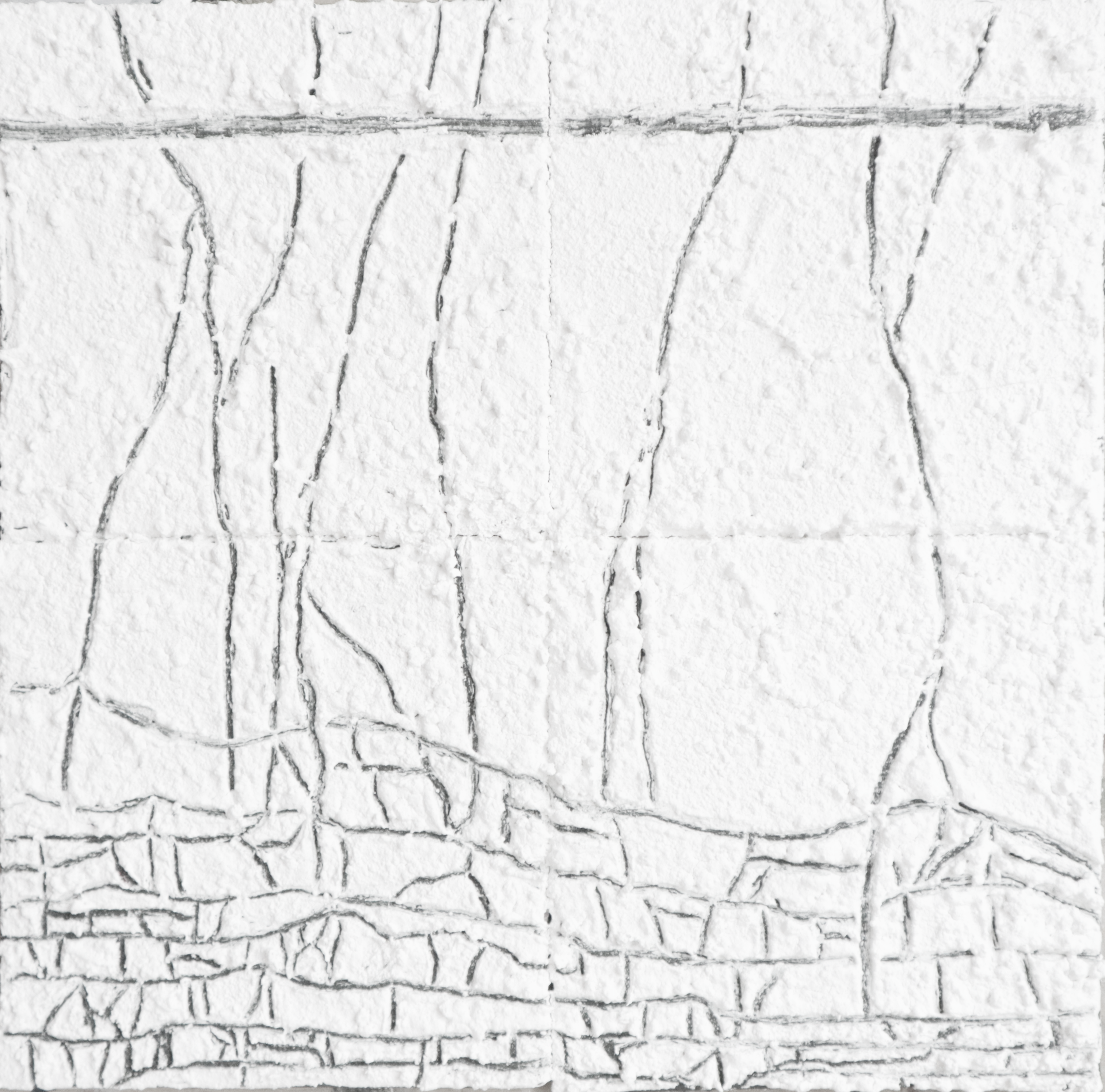 Sketch of a doodle on a brick wall, featuring abstract lines and shapes.